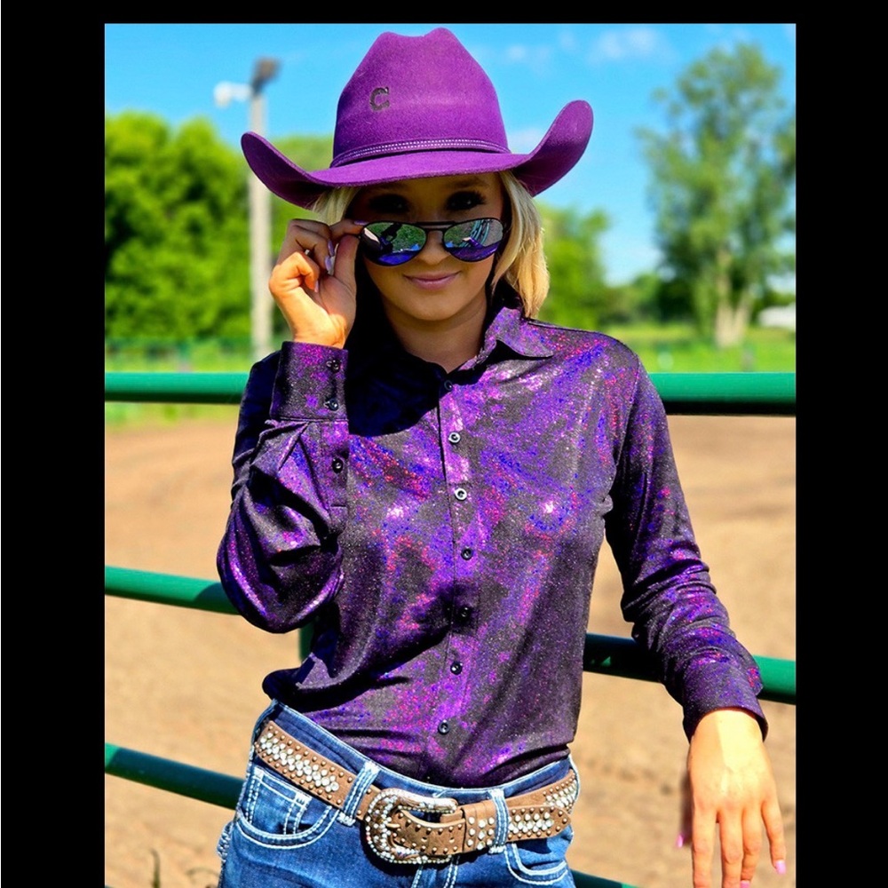 Pullover Button Up (Dark Purple Iridescent Swishes Over Black)
